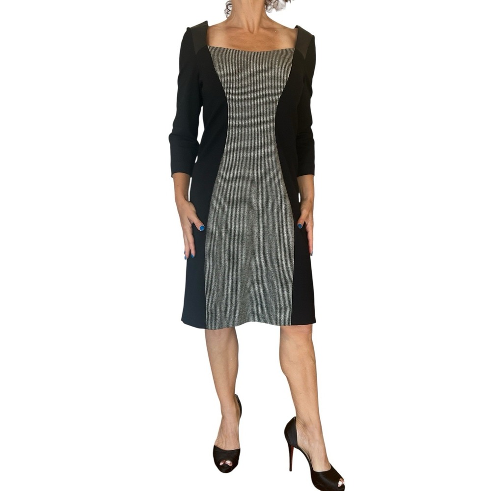 Teri Jon Sportswear Dress Houndstooth Black Wool Knit Leather Shift Sheath 8-10